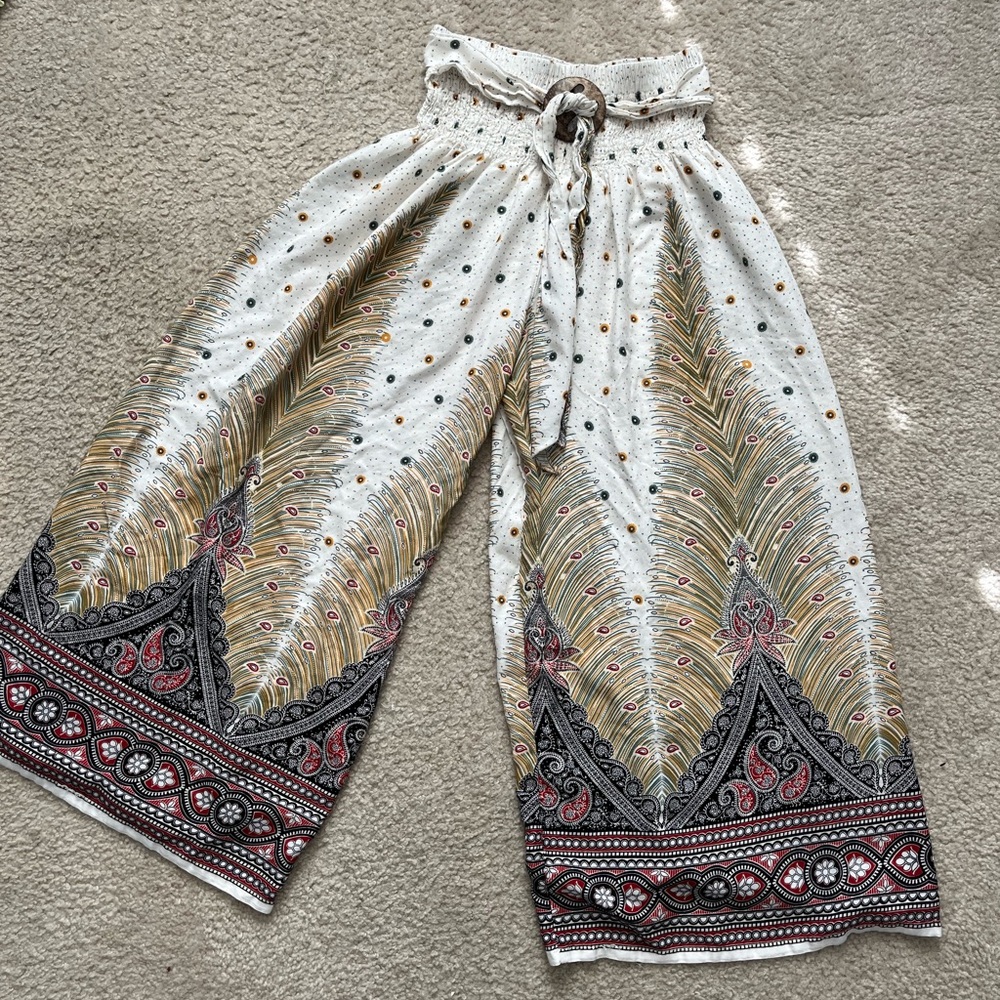 Bohemian festival hippie wide leg flowy pants peacock feather & paisley border